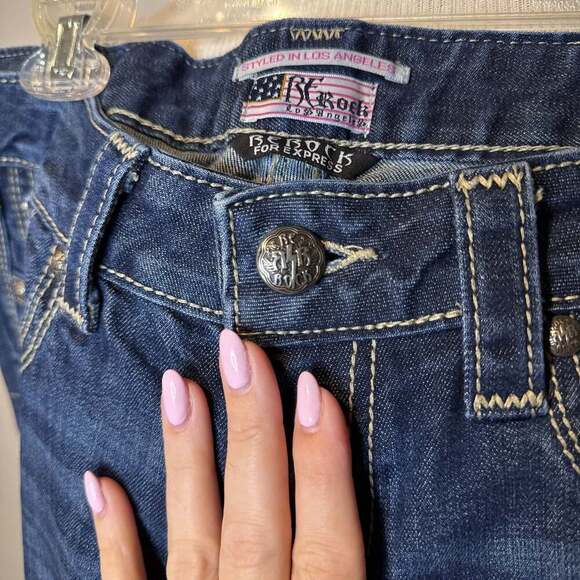 Vintage rerock for Express Barely Boot Stretch Dark Wash Denim Jeans W sz 8s - Picture 3 of 6
